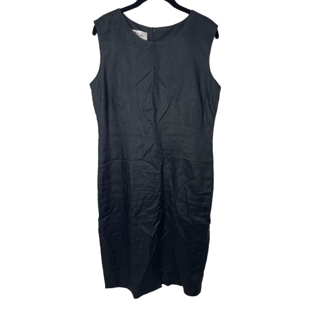 Black Linen Modest Dress Womens Size 12 Sleeveless Midi Sheath Crewneck Dress